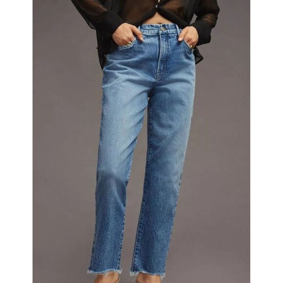 Good American High Rise Frayed Jeans Sz 12/31 Denim Straight Stretch Streetwear - Picture 1 of 9